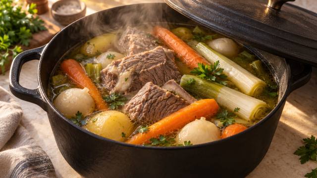Cocotte de pot-au-feu au bœuf avec carottes, poireaux et bouillon clair