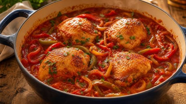 Morceaux de poulet basquaise mijotés avec des poivrons rouges et verts dans une cocotte