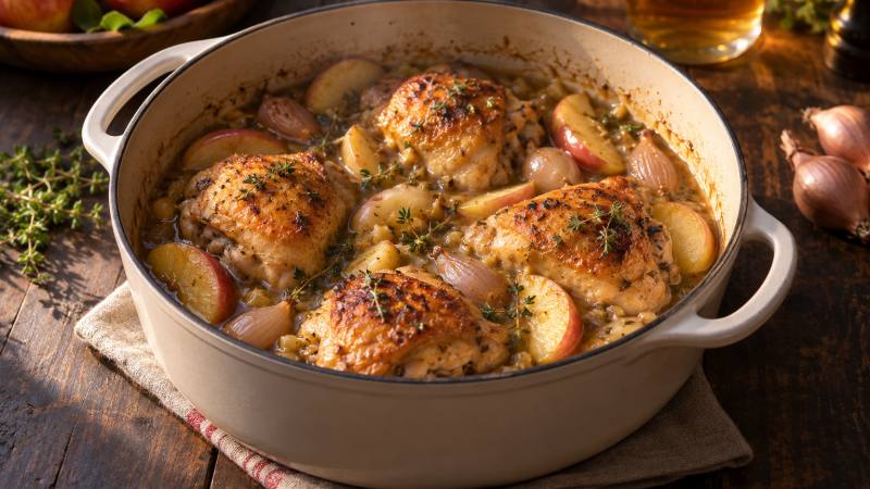 Poulet doré au cidre avec pommes et échalotes dans une cocotte claire