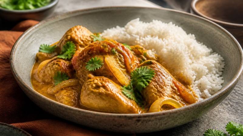 Poulet au curry aux oignons fondus servi avec du riz basmati