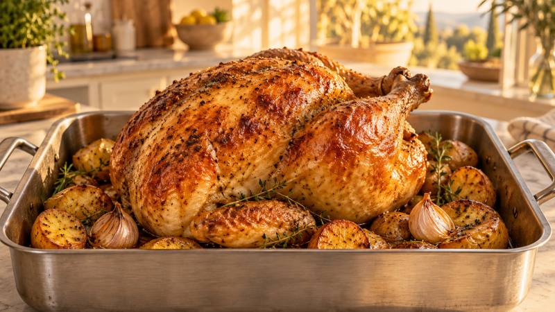 Poulet rôti entier doré dans un plat avec pommes de terre et ail