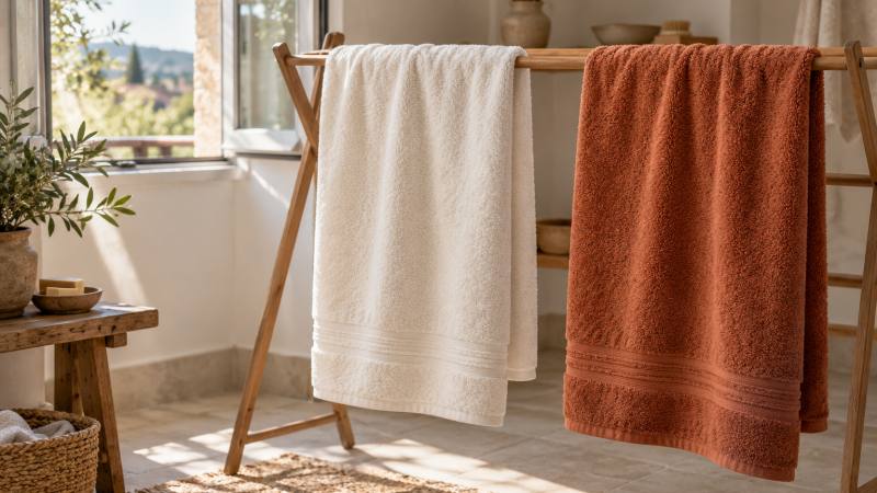 Serviettes de bain blanches et terracotta espacées sur un étendoir près d’une fenêtre ouverte