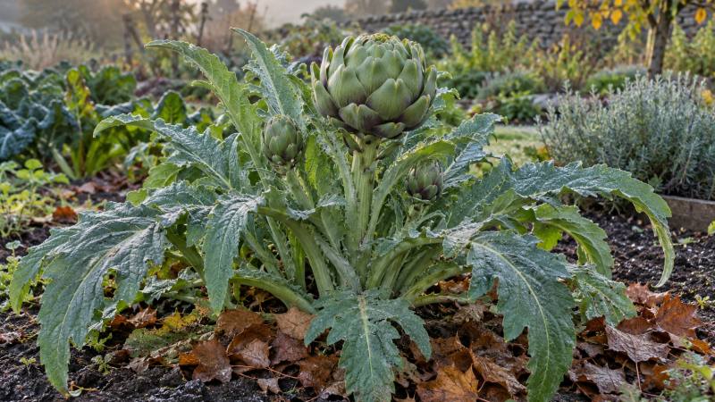 Touffe d’artichaut au potager, avec son cœur protégé pour l’hiver
