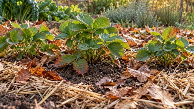 Fraisiers en pleine terre entourés de paille et de feuilles sèches, avec les collets dégagés