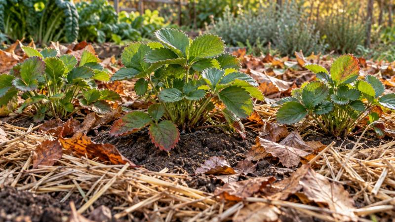 Fraisiers en pleine terre entourés de paille et de feuilles sèches, avec les collets dégagés