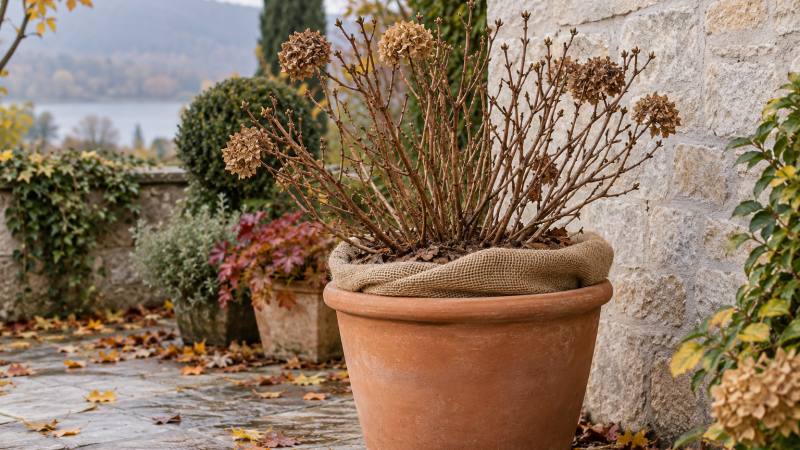 Hortensia en pot installé près d’un mur, avec le pot isolé et les tiges dégagées pour l’hiver