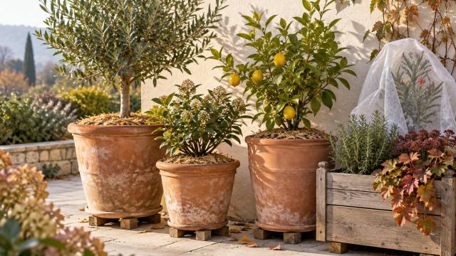 Plantes en pots regroupées contre un mur avec contenants isolés du sol et voile d’hivernage