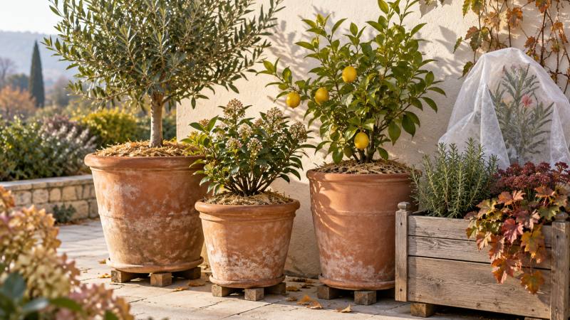 Plantes en pots regroupées contre un mur avec contenants isolés du sol et voile d’hivernage