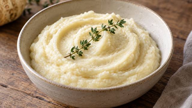 Bol en grès clair de purée de céleri-rave crémeuse, garni d’un brin de thym sur une table en bois.