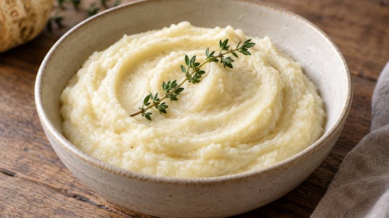 Bol en grès clair de purée de céleri-rave crémeuse, garni d’un brin de thym sur une table en bois.