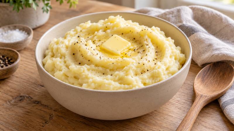 Purée de pommes de terre souple servie chaude dans un bol, avec une cuillère