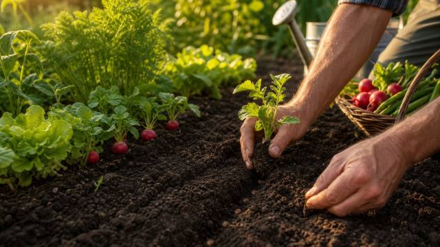 Plantation de jeunes légumes dans un potager en juillet