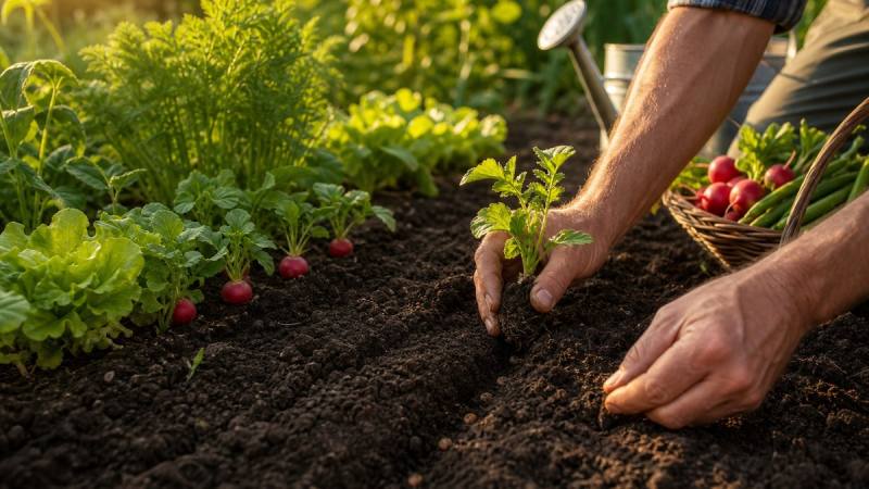 Plantation de jeunes légumes dans un potager en juillet