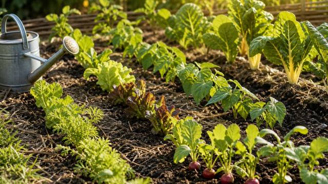 Jeunes légumes repiqués dans un potager de juillet-août avec un arrosoir