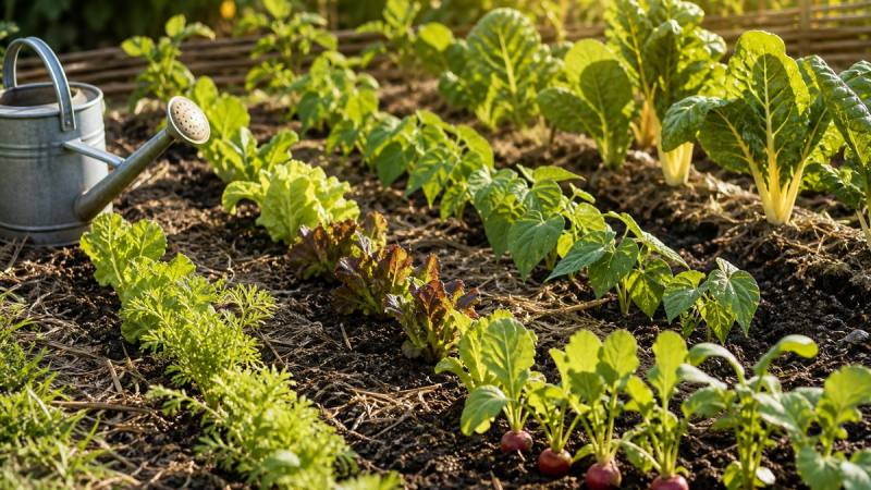 Jeunes légumes repiqués dans un potager de juillet-août avec un arrosoir