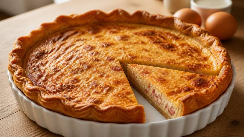 Quiche lorraine dorée aux lardons dans un moule blanc