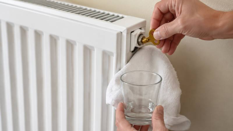 Purge d’un radiateur blanc avec une clé de purge, un chiffon et un verre
