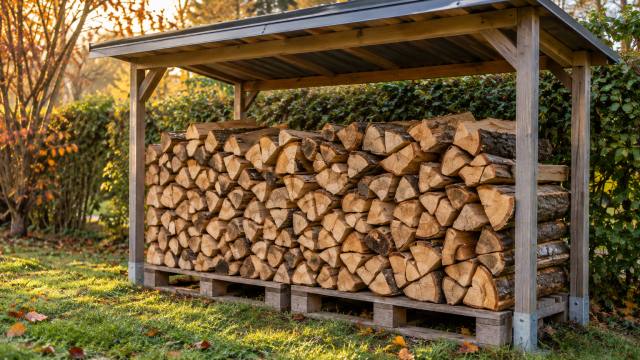 Bûches de chauffage empilées sur palettes sous un auvent ouvert dans un jardin