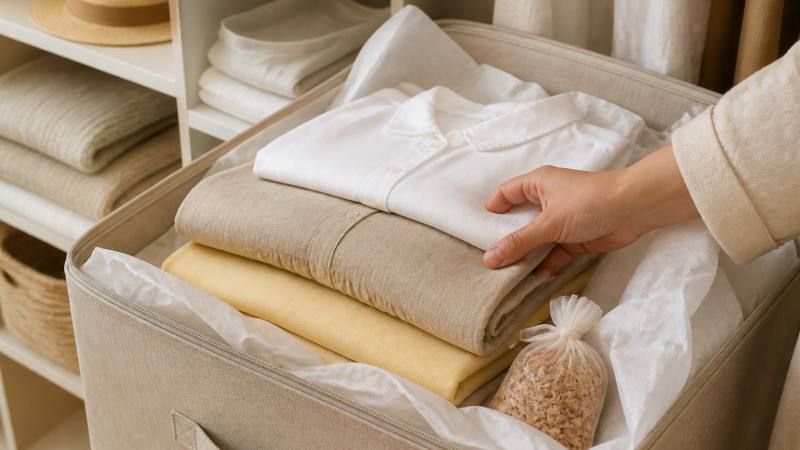 Vêtements d’été propres pliés dans une boîte de rangement en tissu