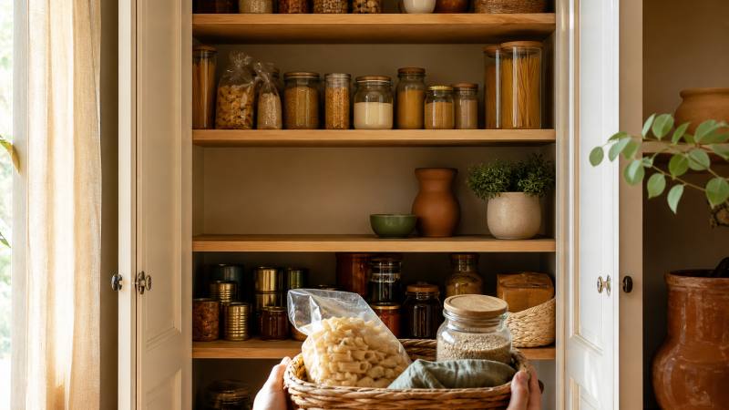Placard de cuisine ouvert avec bocaux, pâtes et provisions rangées par catégories