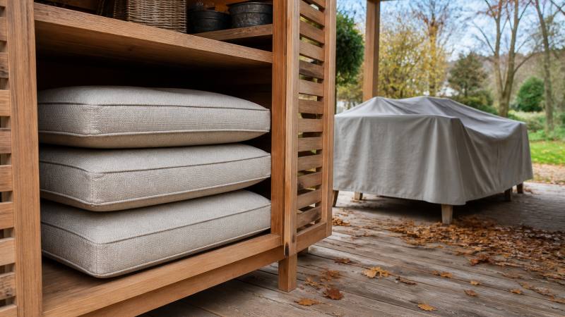 Coussins secs rangés dans une étagère en bois, à côté d’un salon de jardin protégé par une housse sur une terrasse d’automne