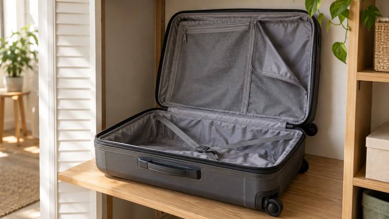 Valise rigide ouverte et sèche sur une étagère de placard intérieur lumineux avant son rangement