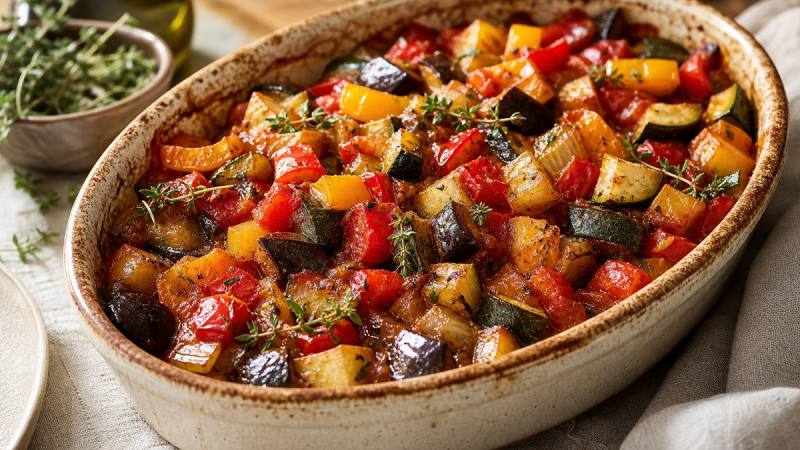 Ratatouille au four avec courgettes aubergines poivrons et tomates confits dans un plat en céramique
