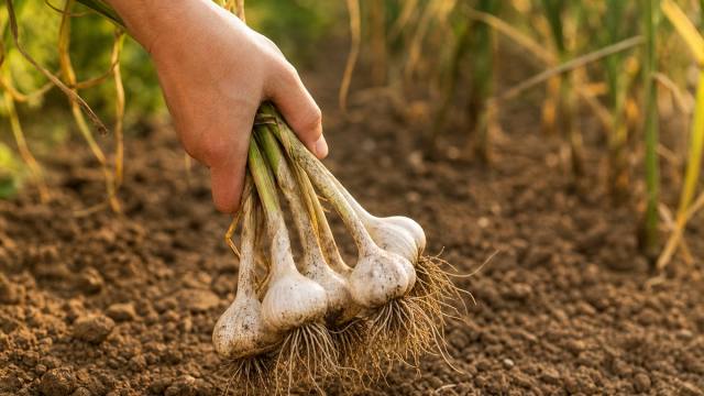 Main soulevant des têtes d’ail fraîchement récoltées dans un potager