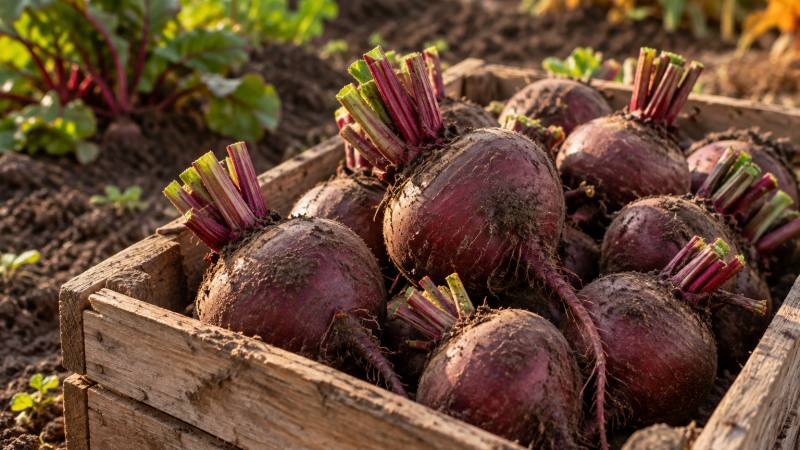 Betteraves fraîchement récoltées dans une cagette en bois au potager