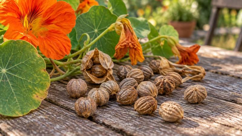 Graines de capucines mûres avec fleurs orange fanées sur une table de jardin