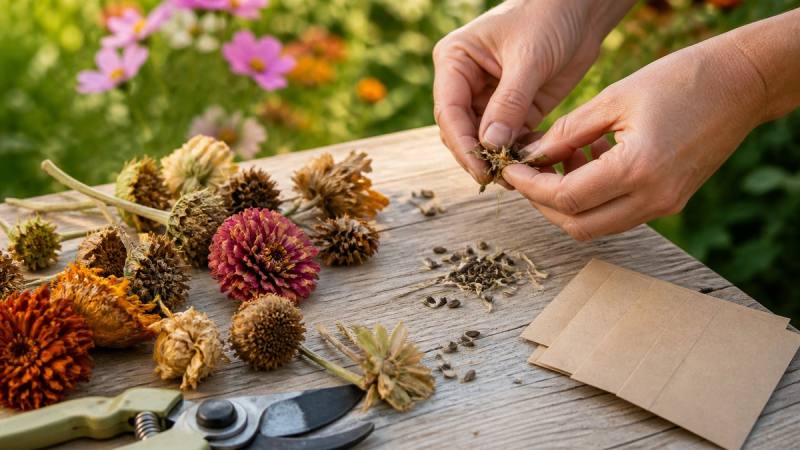 Mains qui récoltent des graines sur des fleurs séchées dans un jardin
