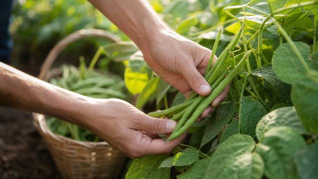 Mains cueillant des haricots verts jeunes au potager