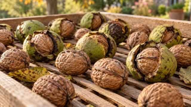 Noix fraîches avec leur brou sur une claie de séchage en bois