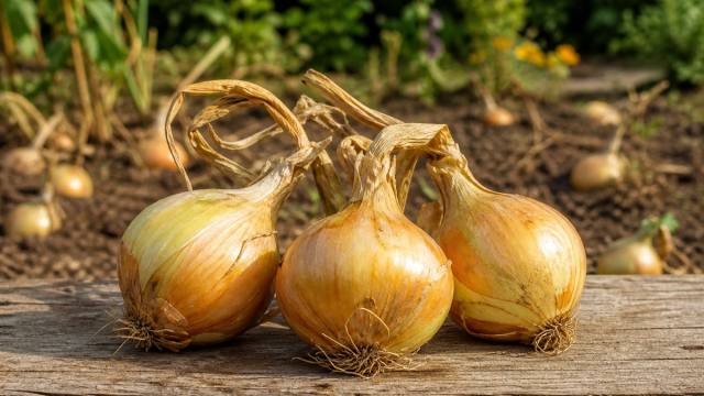 Oignons jaunes fraîchement récoltés au potager avec feuillage sec