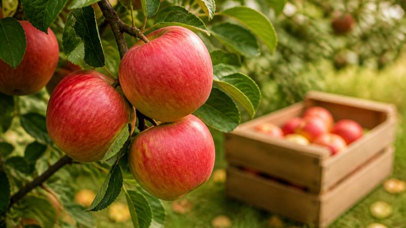 Pommes mûres sur un pommier avec cagette de récolte
