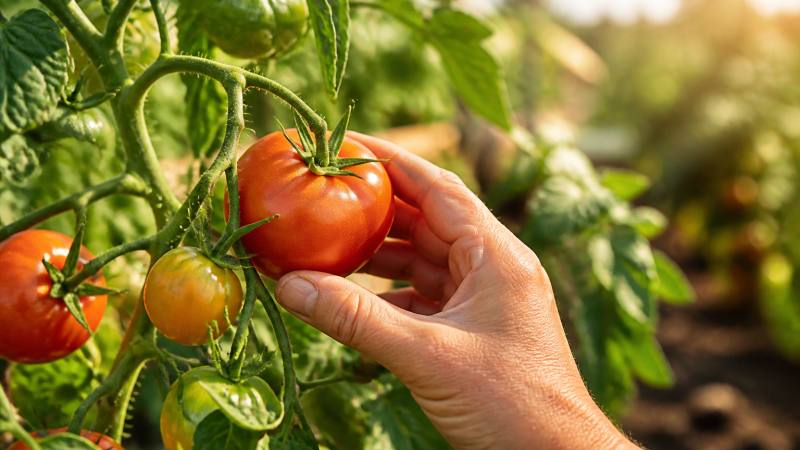 Main cueillant une tomate presque mûre sur un plant au potager