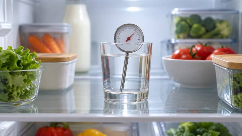 Thermomètre plongé dans un verre d’eau sur l’étagère centrale d’un réfrigérateur