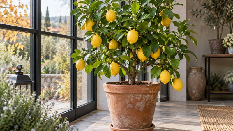 Citronnier en pot installé près d’une grande fenêtre lumineuse pour l’hiver