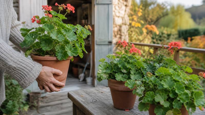 Géraniums en pot rentrés près d’un abri de jardin à l’automne