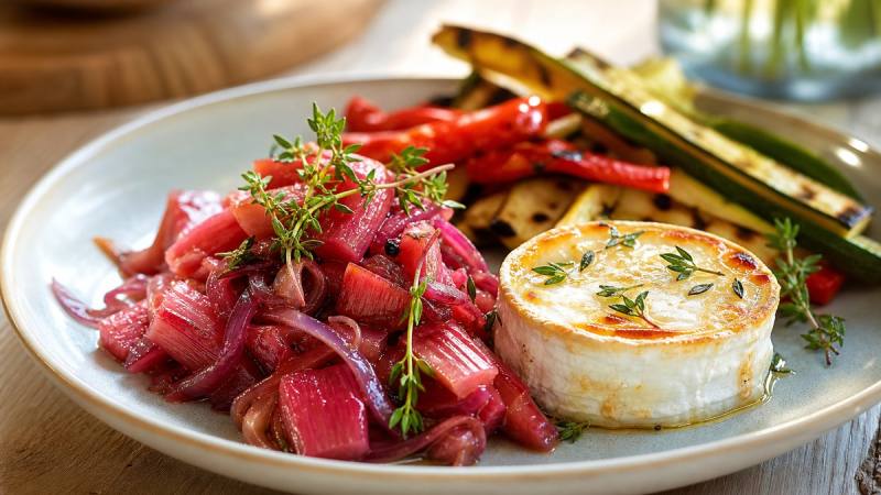 Compotée de rhubarbe salée aux oignons rouges servie avec du chèvre rôti