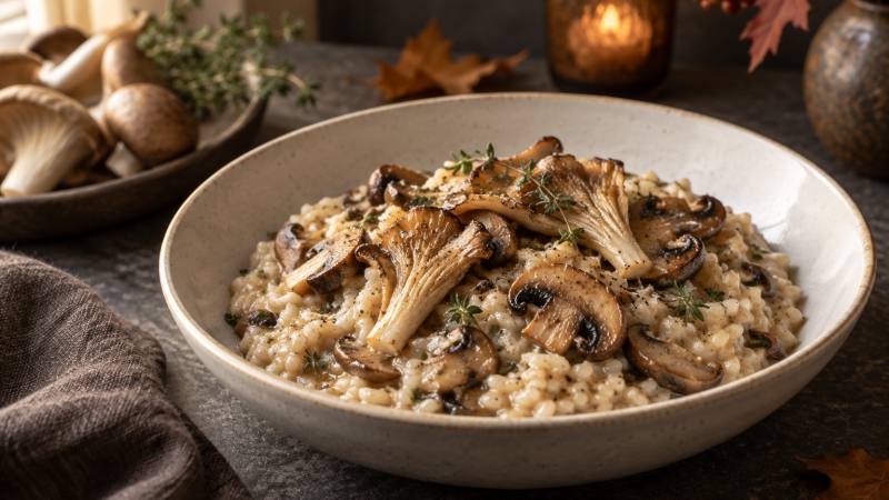 Risotto crémeux garni de lamelles de champignons dorées