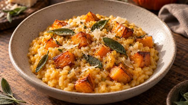 Risotto au potimarron avec cubes de courge rôtis et feuilles de sauge