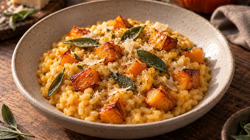 Risotto au potimarron avec cubes de courge rôtis et feuilles de sauge