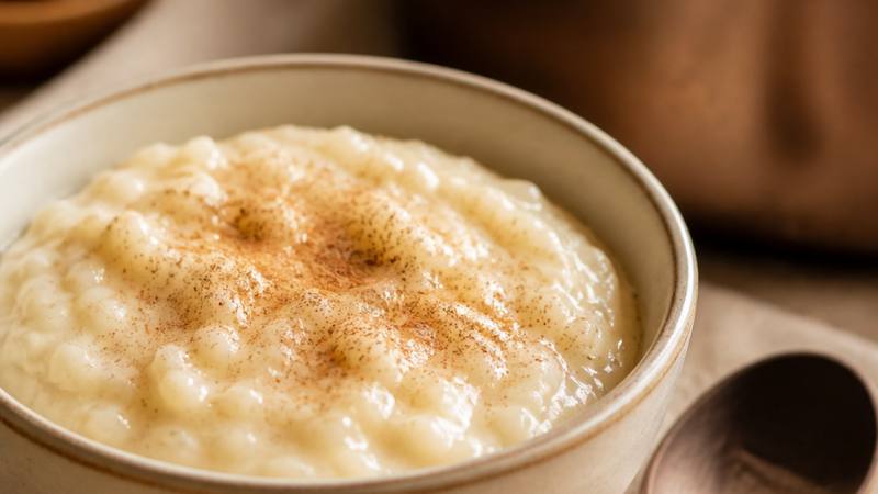 Bol de riz au lait crémeux saupoudré de cannelle