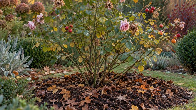Rosier en automne avec fleurs fanées, cynorrhodons et paillage de feuilles au pied