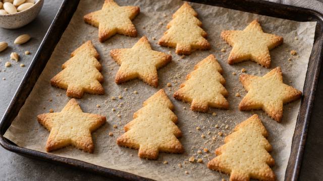 Sablés de Noël dorés en étoiles et en sapins sur une plaque recouverte de papier cuisson, avec un bol d’amandes en arrière-plan.
