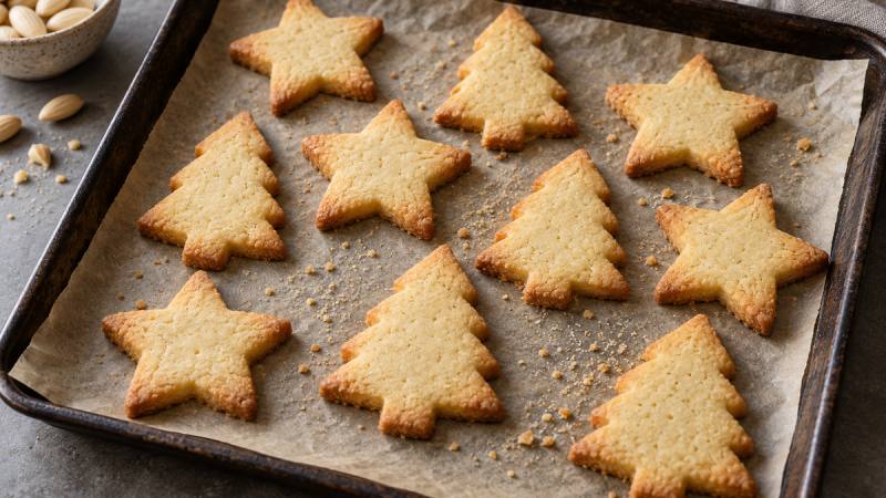 Sablés de Noël dorés en étoiles et en sapins sur une plaque recouverte de papier cuisson, avec un bol d’amandes en arrière-plan.
