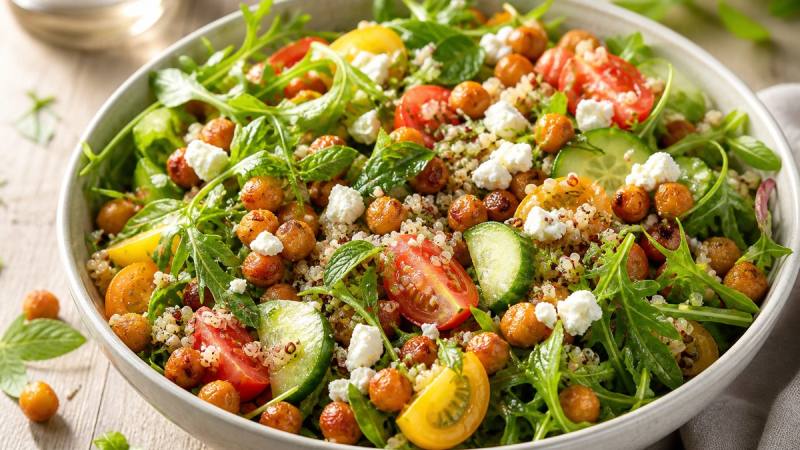 Salade d’été légère avec pois chiches, quinoa, tomates, concombre et feta