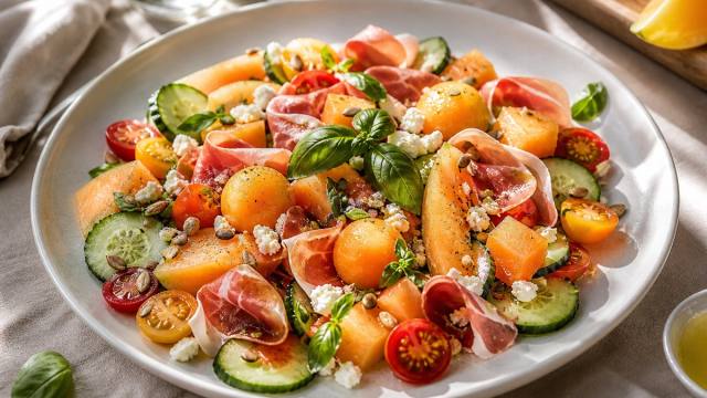 Salade d’été au melon avec concombre, tomates cerises, feta, jambon cru et basilic