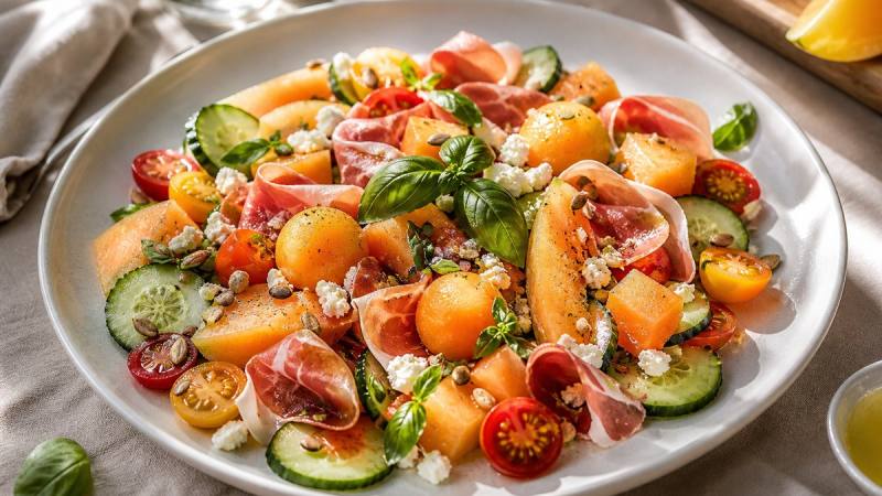 Salade d’été au melon avec concombre, tomates cerises, feta, jambon cru et basilic